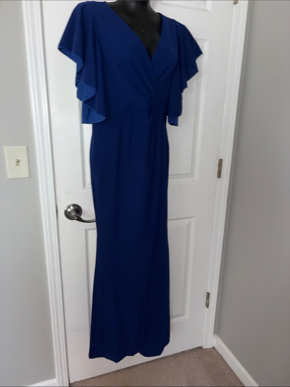 Elegant Royal Blue V-Neck Flutter Sleeve Maxi Dress